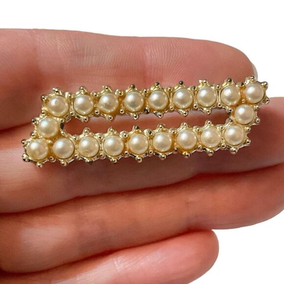 Faux Pearl Silver Tone Brooch Pin Slanted Rectangle Vintage - Picture 1 of 4